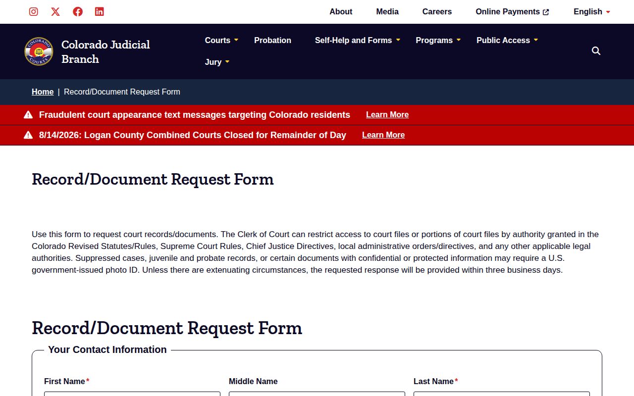 Saguache County court disposition and arrest record request form