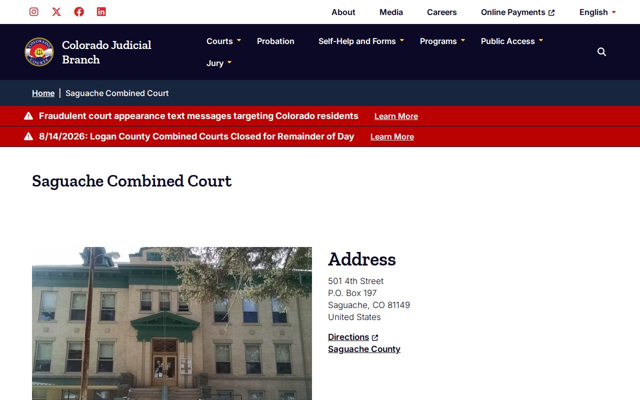 Saguache County warrant check contact at Combined Court